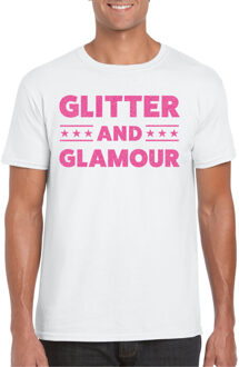 Bellatio Decorations Verkleed T-shirt voor heren - glitter and glamour - wit - roze glitter - carnaval/themafeest L