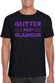 Bellatio Decorations Verkleed T-shirt voor heren - glitter and glamour - zwart - paars glitter - carnaval/themafeest 2XL