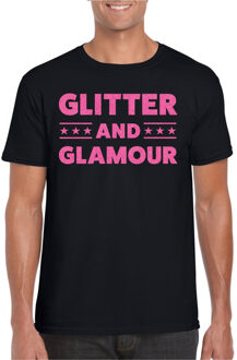 Bellatio Decorations Verkleed T-shirt voor heren - glitter and glamour - zwart - roze glitter - carnaval/themafeest 2XL