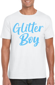 Bellatio Decorations Verkleed T-shirt voor heren - glitter boy - wit - blauw glitter - carnaval 2XL