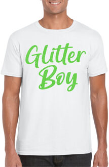 Bellatio Decorations Verkleed T-shirt voor heren - glitter boy - wit - groen glitter - carnaval 2XL