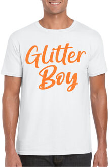 Bellatio Decorations Verkleed T-shirt voor heren - glitter boy - wit - oranje glitter - carnaval/themafeest XL