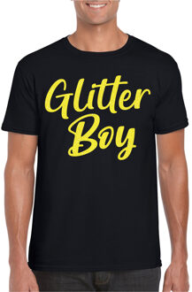 Bellatio Decorations Verkleed T-shirt voor heren - glitter boy - zwart - geel glitter - carnaval/themafeest 2XL