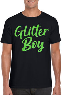 Bellatio Decorations Verkleed T-shirt voor heren - glitter boy - zwart - groen glitter - carnaval 2XL