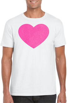 Bellatio Decorations Verkleed T-shirt voor heren - hartje - wit - roze glitter - carnaval/themafeest 2XL