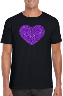 Bellatio Decorations Verkleed T-shirt voor heren - hartje - zwart - paars glitter - carnaval/themafeest 2XL
