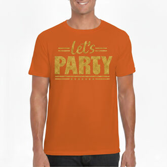 Bellatio Decorations Verkleed T-shirt voor heren - lets party - oranje - glitter goud - Koningsdag/themafeest XL