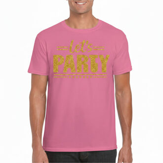 Bellatio Decorations Verkleed T-shirt voor heren - lets party - roze - glitter goud - carnaval/themafeest 2XL