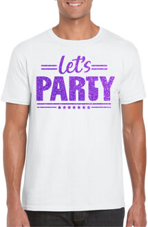 Bellatio Decorations Verkleed T-shirt voor heren - lets party - wit - glitter paars - carnaval/themafeest 2XL