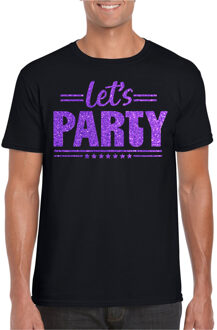 Bellatio Decorations Verkleed T-shirt voor heren - lets party - zwart - glitter paars - carnaval/themafeest 2XL