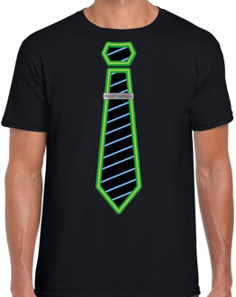 Bellatio Decorations Verkleed T-shirt voor heren - neon stropdas - zwart - foute party - carnaval L