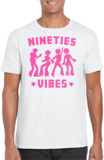 Bellatio Decorations Verkleed T-shirt voor heren - nineties vibes - wit - roze glitter - carnaval XS