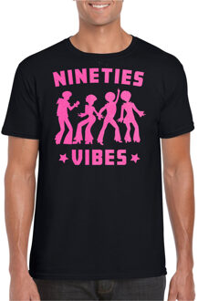 Bellatio Decorations Verkleed T-shirt voor heren - nineties vibes - zwart - roze glitter - carnaval/themafeest
