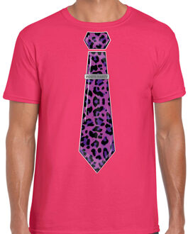Bellatio Decorations Verkleed T-shirt voor heren - panterprint stropdas - roze - foute party - carnaval/themafeest M
