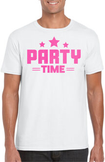 Bellatio Decorations Verkleed T-shirt voor heren - party time - wit - roze glitter - carnaval 2XL