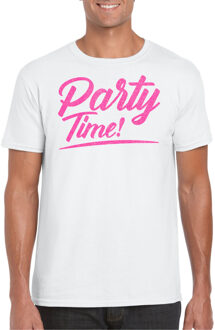 Bellatio Decorations Verkleed T-shirt voor heren - party time - wit - roze glitter - carnaval 2XL