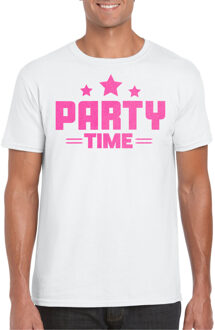 Bellatio Decorations Verkleed T-shirt voor heren - party time - wit - roze glitter - carnaval/themafeest L
