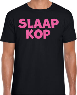 Bellatio Decorations Verkleed T-shirt voor heren - slaap kop - pyjama party - zwart - glitter roze - themafeest 2XL