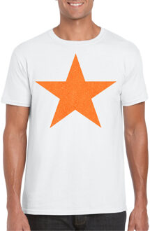 Bellatio Decorations Verkleed T-shirt voor heren - ster - wit - oranje glitter - carnaval/themafeest 2XL