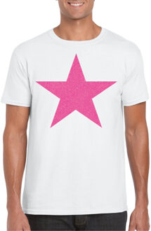 Bellatio Decorations Verkleed T-shirt voor heren - ster - wit - roze glitter - carnaval/themafeest 2XL