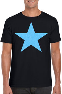 Bellatio Decorations Verkleed T-shirt voor heren - ster - zwart - blauw glitter - carnaval/themafeest L