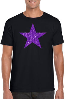 Bellatio Decorations Verkleed T-shirt voor heren - ster - zwart - paars glitter - carnaval/themafeest S