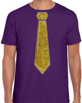 Bellatio Decorations Verkleed t-shirt voor heren - stropdas glitter goud - paars - carnaval - foute party S