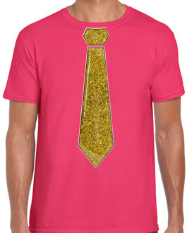 Bellatio Decorations Verkleed t-shirt voor heren - stropdas glitter goud - roze - carnaval - foute party L