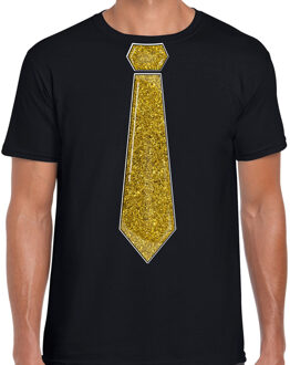 Bellatio Decorations Verkleed t-shirt voor heren - stropdas glitter goud - zwart - carnaval - foute party 2XL