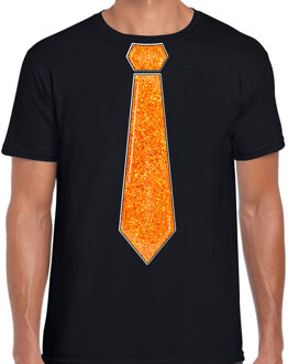 Bellatio Decorations Verkleed t-shirt voor heren - stropdas glitter oranje - zwart - carnaval - foute party M