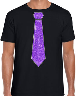 Bellatio Decorations Verkleed t-shirt voor heren - stropdas glitter paars - zwart - carnaval - foute party