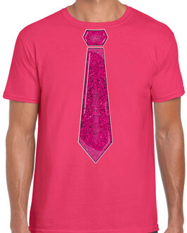 Bellatio Decorations Verkleed t-shirt voor heren - stropdas glitter roze - roze - carnaval - foute party 2XL