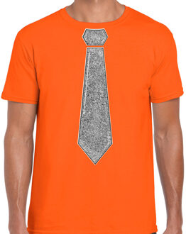 Bellatio Decorations Verkleed t-shirt voor heren - stropdas glitter zilver - oranje - carnaval - foute party