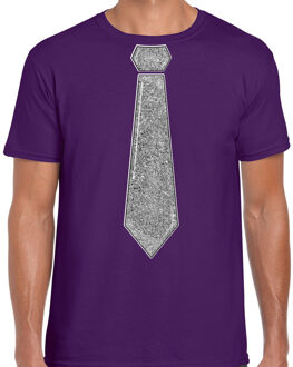 Bellatio Decorations Verkleed t-shirt voor heren - stropdas glitter zilver - paars - carnaval - foute party