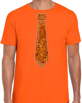 Bellatio Decorations Verkleed t-shirt voor heren - stropdas oranje - pailletten - oranje - carnaval - foute party