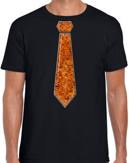 Bellatio Decorations Verkleed t-shirt voor heren - stropdas oranje - pailletten - zwart - carnaval - foute party