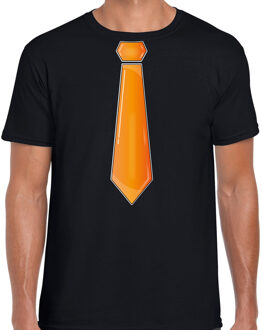 Bellatio Decorations Verkleed t-shirt voor heren - stropdas oranje - zwart - carnaval - foute party 2XL