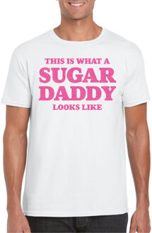 Bellatio Decorations Verkleed T-shirt voor heren - sugar daddy - wit - glitter roze - carnaval/themafeest - Vaderdag 2XL