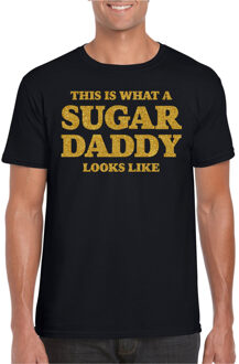 Bellatio Decorations Verkleed T-shirt voor heren - sugar daddy - zwart - glitter goud - carnaval/themafeest - Vaderdag Goudkleurig