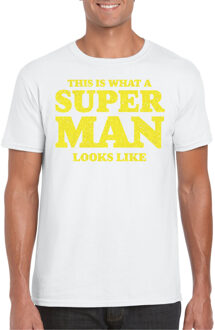 Bellatio Decorations Verkleed T-shirt voor heren - super man - wit - glitter geel - carnaval/themafeest - Vaderdag 2XL