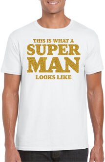 Bellatio Decorations Verkleed T-shirt voor heren - super man - wit - glitter goud - carnaval/themafeest - Vaderdag Goudkleurig