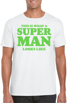 Bellatio Decorations Verkleed T-shirt voor heren - super man - wit - glitter groen - carnaval/themafeest - Vaderdag 2XL