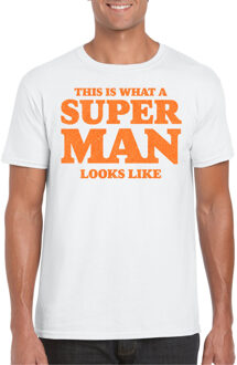 Bellatio Decorations Verkleed T-shirt voor heren - super man - wit - glitter oranje - carnaval/themafeest - Vaderdag 2XL