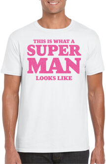 Bellatio Decorations Verkleed T-shirt voor heren - super man - wit - glitter roze - carnaval/themafeest - Vaderdag 2XL