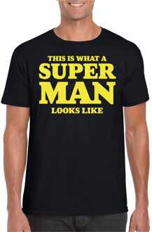 Bellatio Decorations Verkleed T-shirt voor heren - super man - zwart - glitter geel - carnaval/themafeest - Vaderdag 2XL