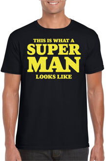 Bellatio Decorations Verkleed T-shirt voor heren - super man - zwart - glitter geel - carnaval/themafeest - Vaderdag