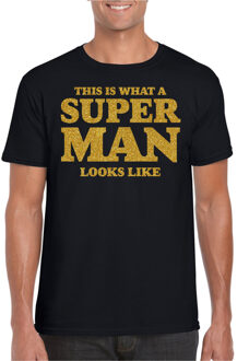 Bellatio Decorations Verkleed T-shirt voor heren - super man - zwart - glitter goud - carnaval/themafeest - Vaderdag 2XL