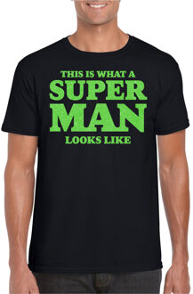 Bellatio Decorations Verkleed T-shirt voor heren - super man - zwart - glitter groen - carnaval/themafeest - Vaderdag