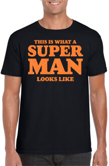 Bellatio Decorations Verkleed T-shirt voor heren - super man - zwart - glitter oranje - carnaval/themafeest - Vaderdag 2XL