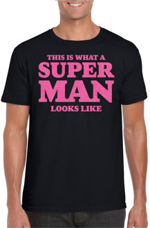 Bellatio Decorations Verkleed T-shirt voor heren - super man - zwart - glitter roze - carnaval/themafeest - Vaderdag